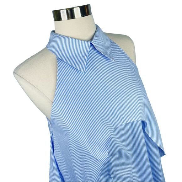 Central Park West x REVOLVE Blue Pinstripe Fold Over Cold-Shoulder Blouse Small - Picture 2 of 7